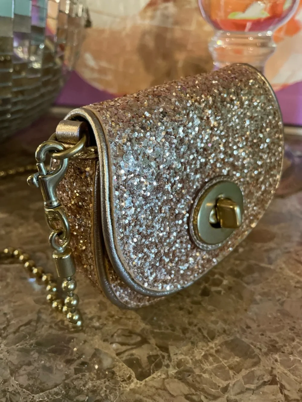 COACH Sparkle Leather Crossbody Gold Glitter Mini Bag Style No 43292 - Picture 8 of 17